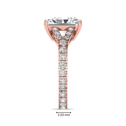 Radiant cut lab grown diamond split shank engagement ring with round accent diamonds in rose gold