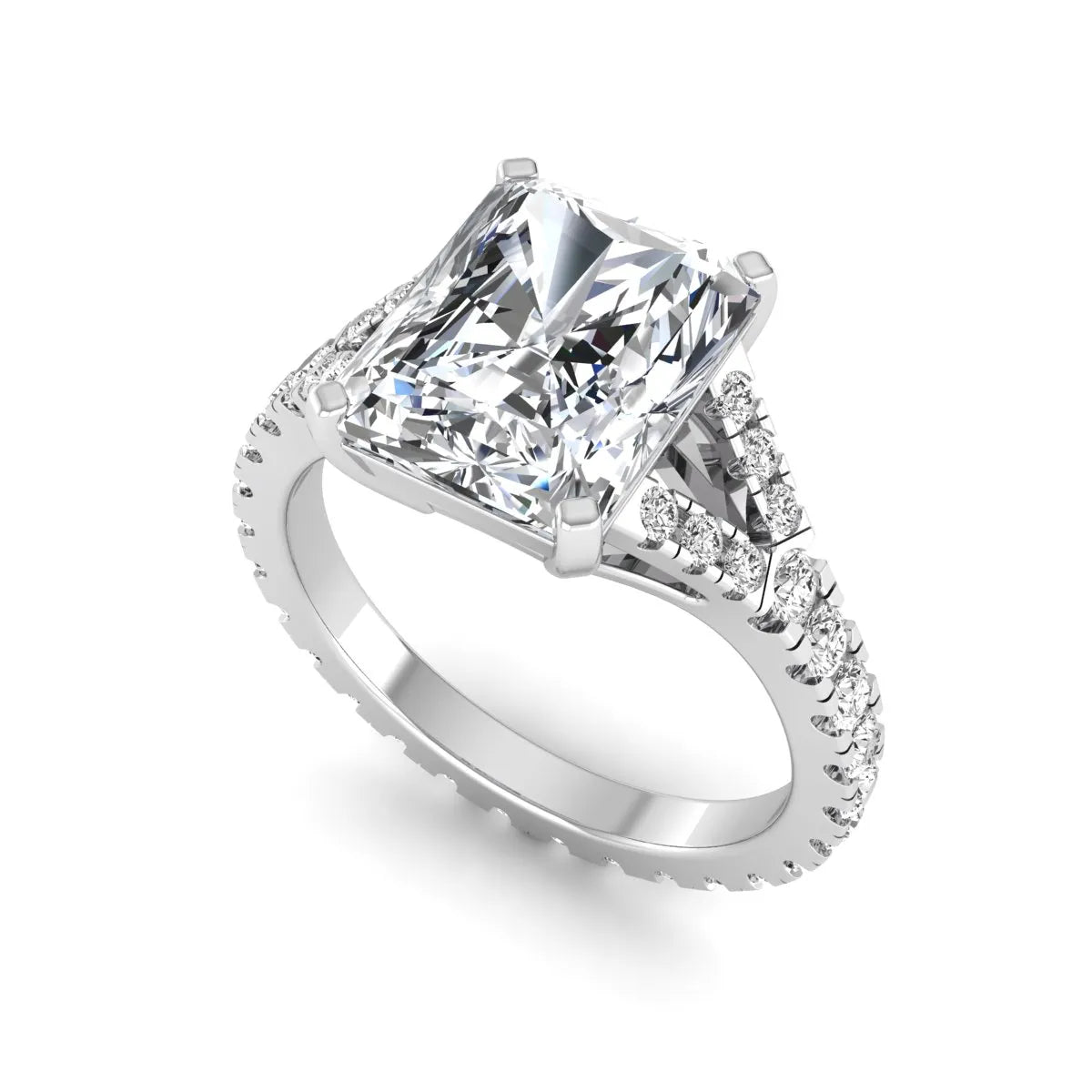 Radiant cut lab grown diamond split shank engagement ring with round accent diamonds in white gold