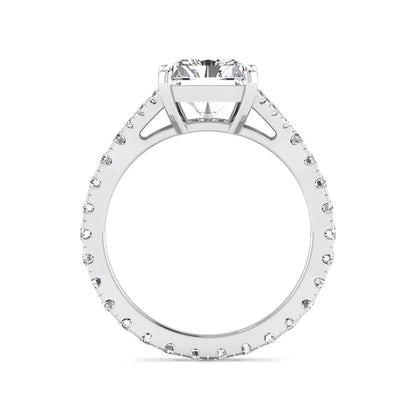 Radiant cut lab grown diamond split shank engagement ring with round accent diamonds in white gold