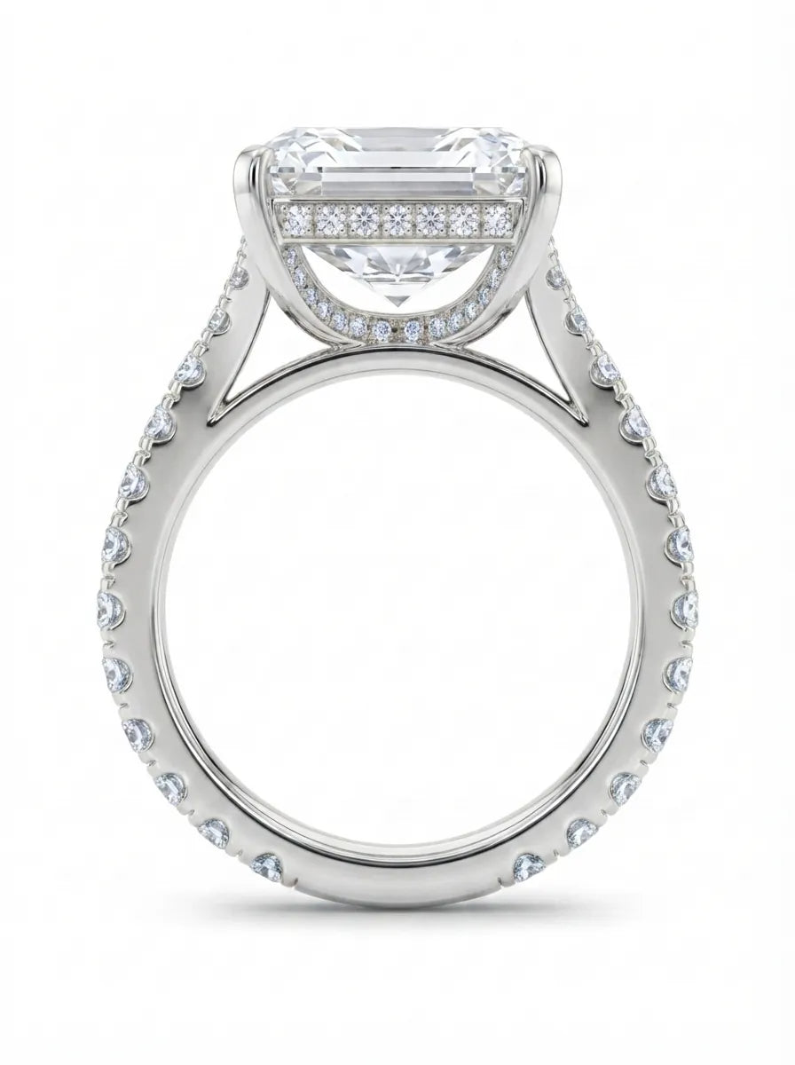 Radiant cut lab grown diamond split shank engagement ring with round accent diamonds in white gold