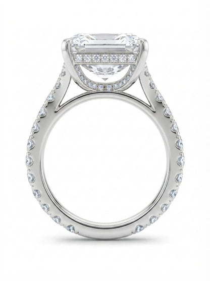 Radiant cut lab grown diamond split shank engagement ring with round accent diamonds in white gold