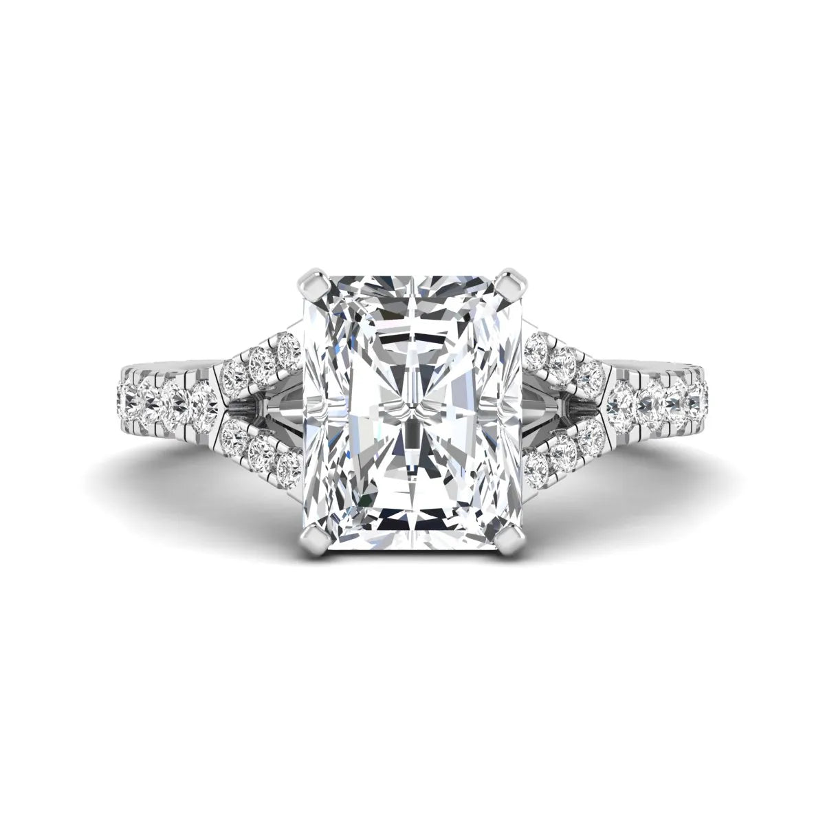 Radiant cut lab grown diamond split shank engagement ring with round accent diamonds in white gold