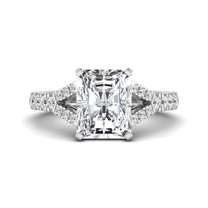 Radiant cut lab grown diamond split shank engagement ring with round accent diamonds in white gold