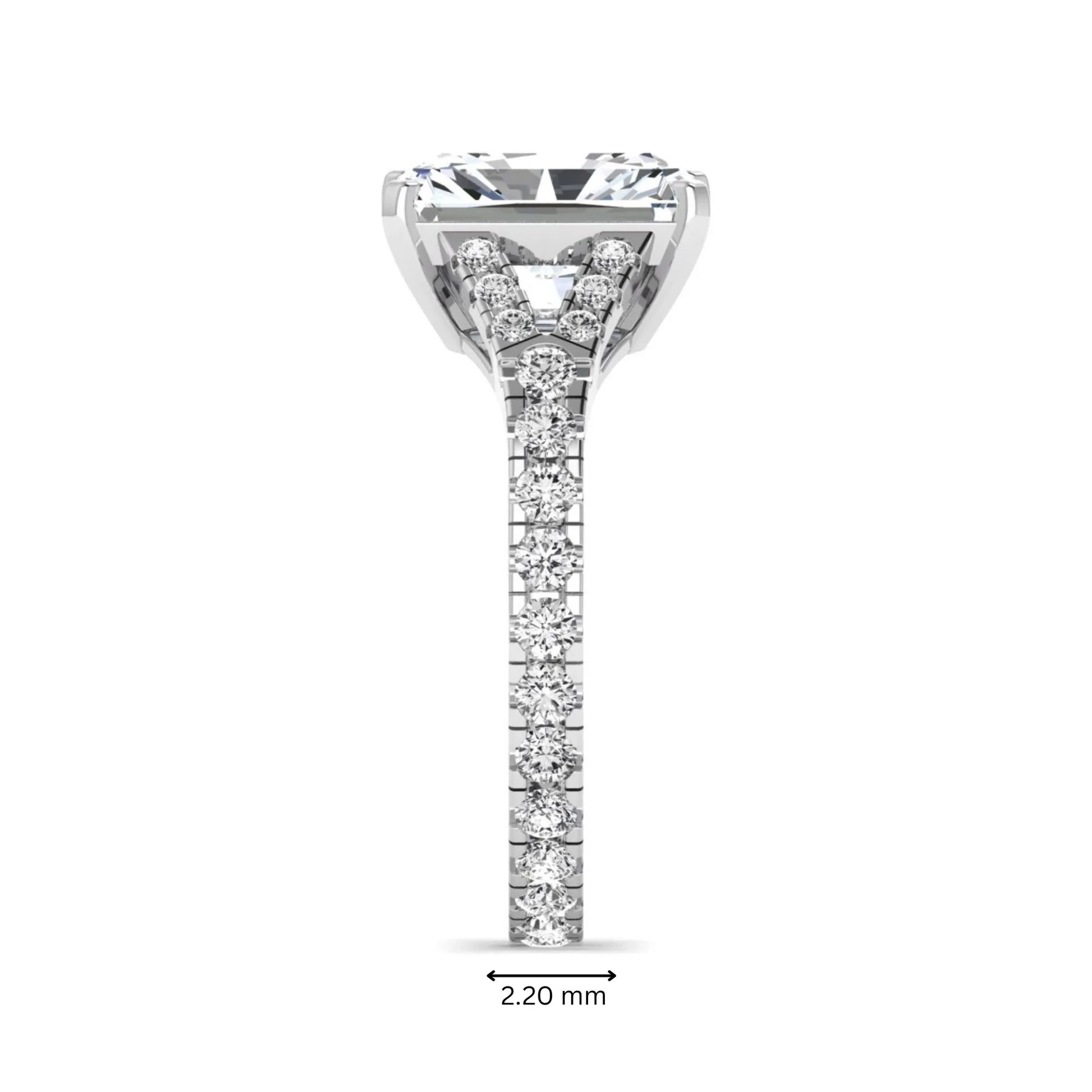 Radiant cut lab grown diamond split shank engagement ring with round accent diamonds in white gold