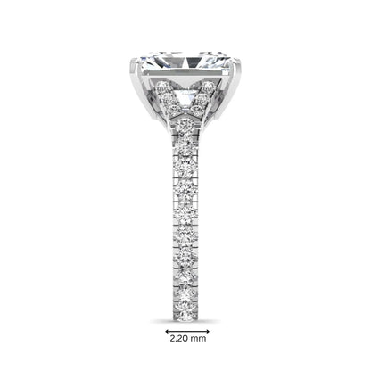 Radiant cut lab grown diamond split shank engagement ring with round accent diamonds in white gold