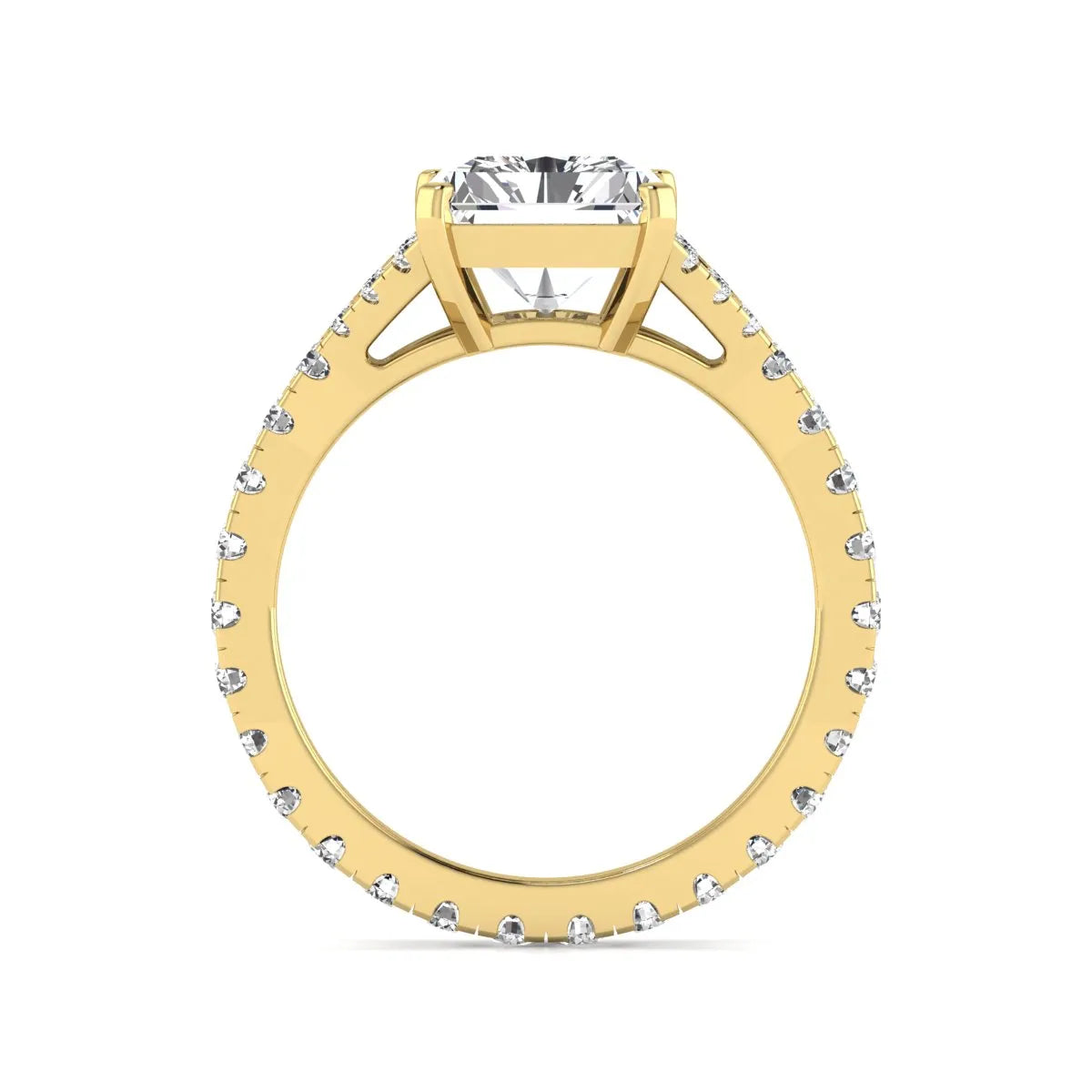 Radiant cut lab grown diamond split shank engagement ring with round accent diamonds in yellow gold