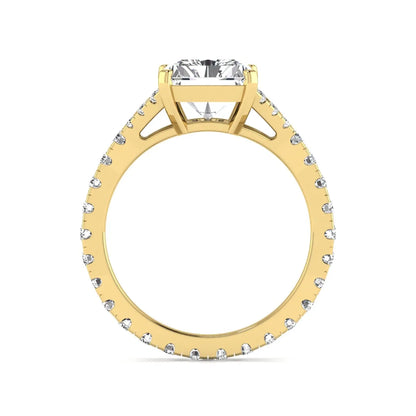 Radiant cut lab grown diamond split shank engagement ring with round accent diamonds in yellow gold