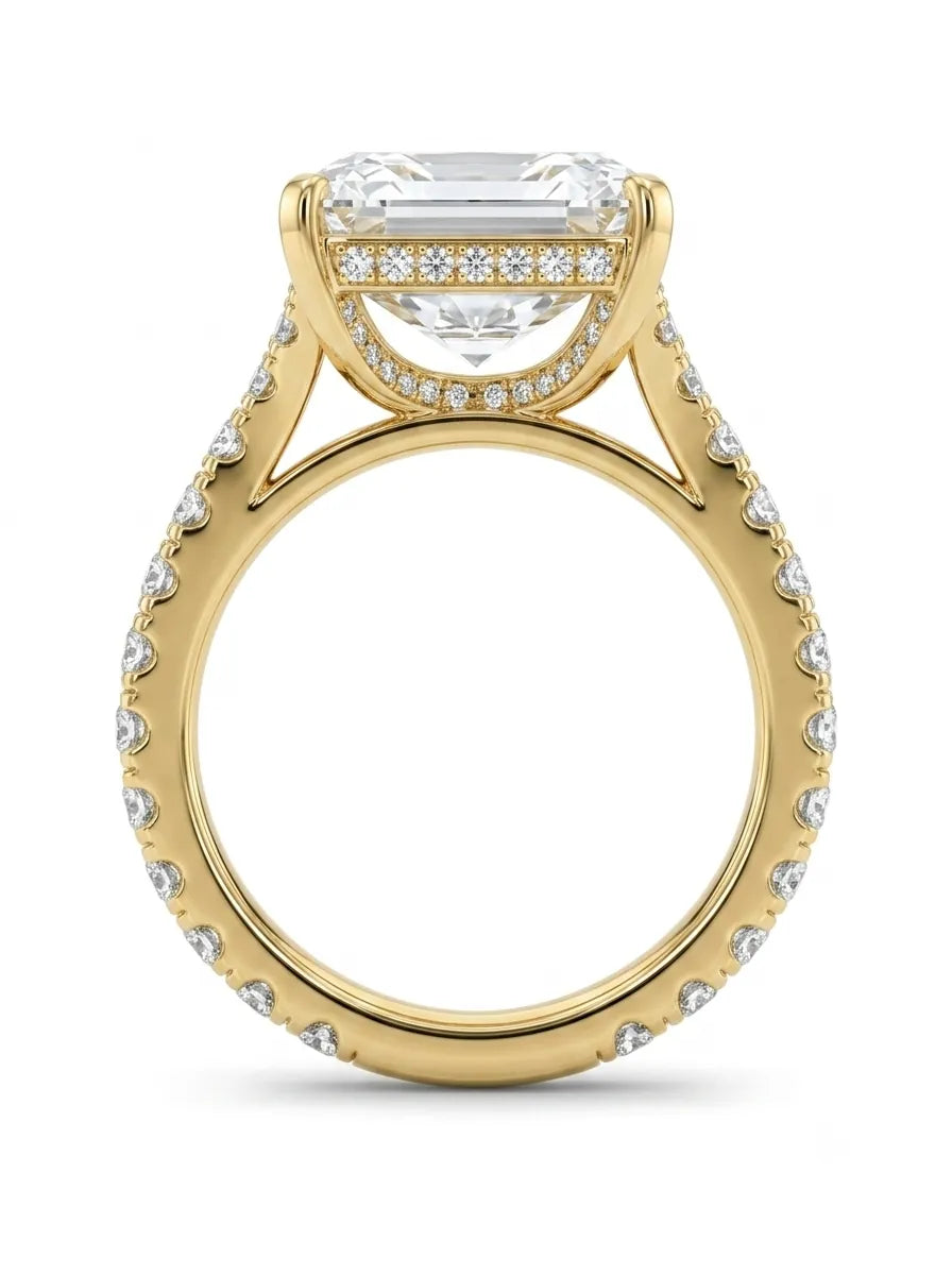Radiant cut lab grown diamond split shank engagement ring with round accent diamonds in yellow gold