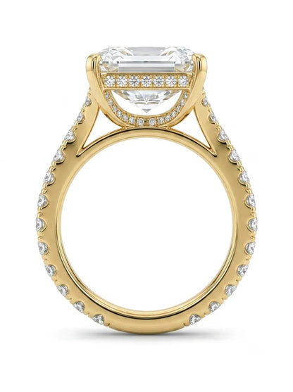 Radiant cut lab grown diamond split shank engagement ring with round accent diamonds in yellow gold