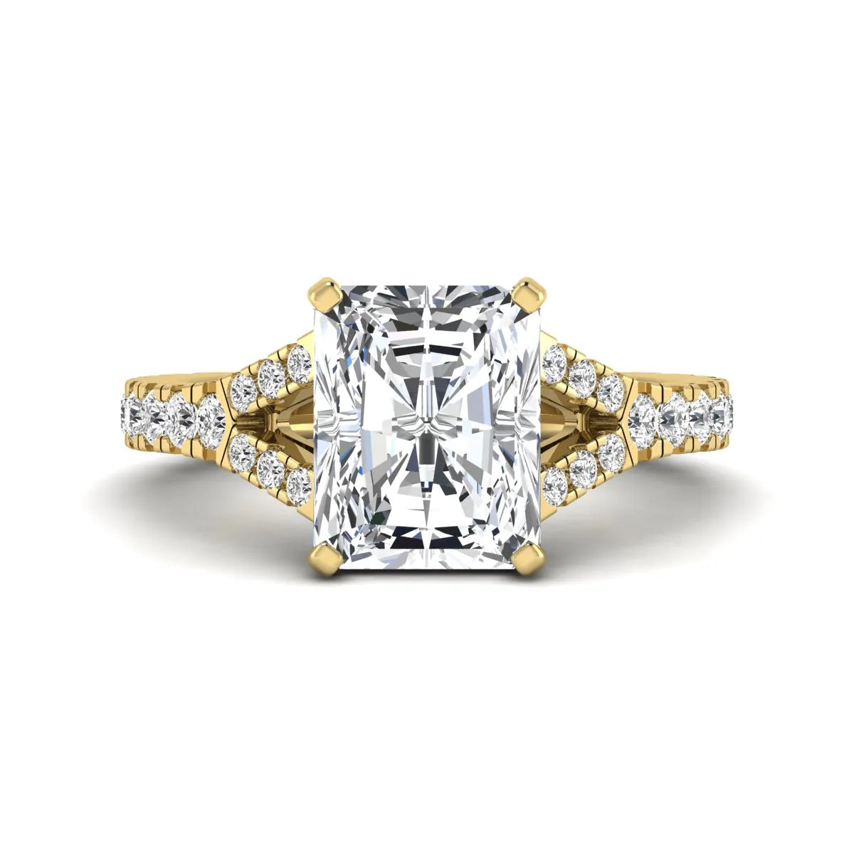 Radiant cut lab grown diamond split shank engagement ring with round accent diamonds in yellow gold