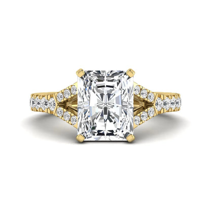 Radiant cut lab grown diamond split shank engagement ring with round accent diamonds in yellow gold