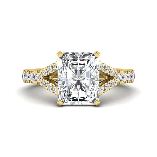 Radiant cut lab grown diamond split shank engagement ring with round accent diamonds in yellow gold