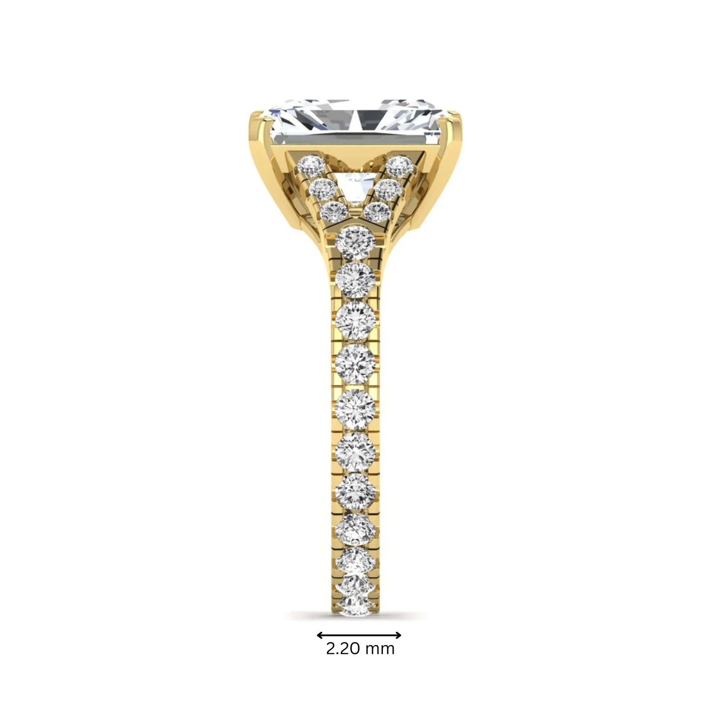 Radiant cut lab grown diamond split shank engagement ring with round accent diamonds in yellow gold