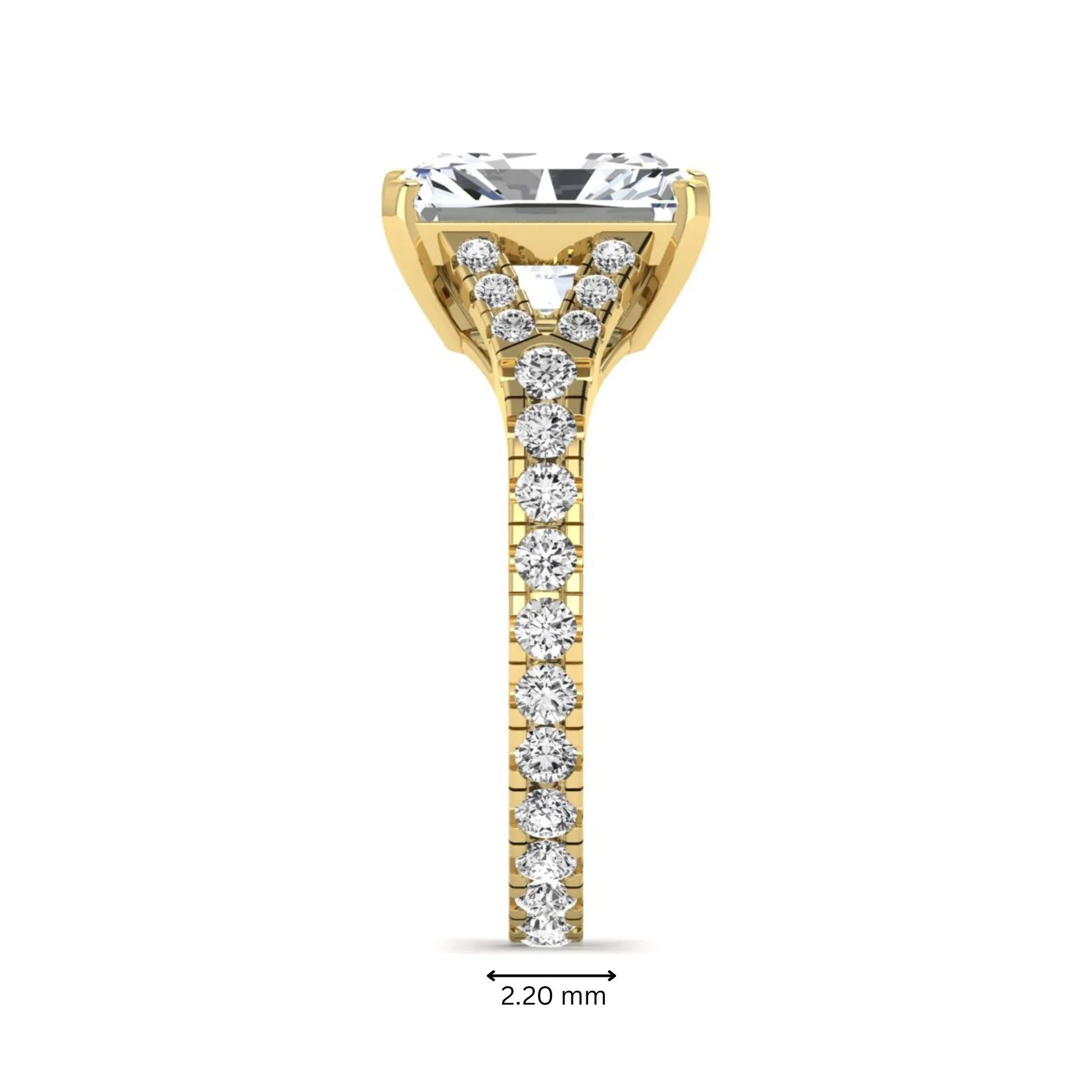 Radiant cut lab grown diamond split shank engagement ring with round accent diamonds in yellow gold