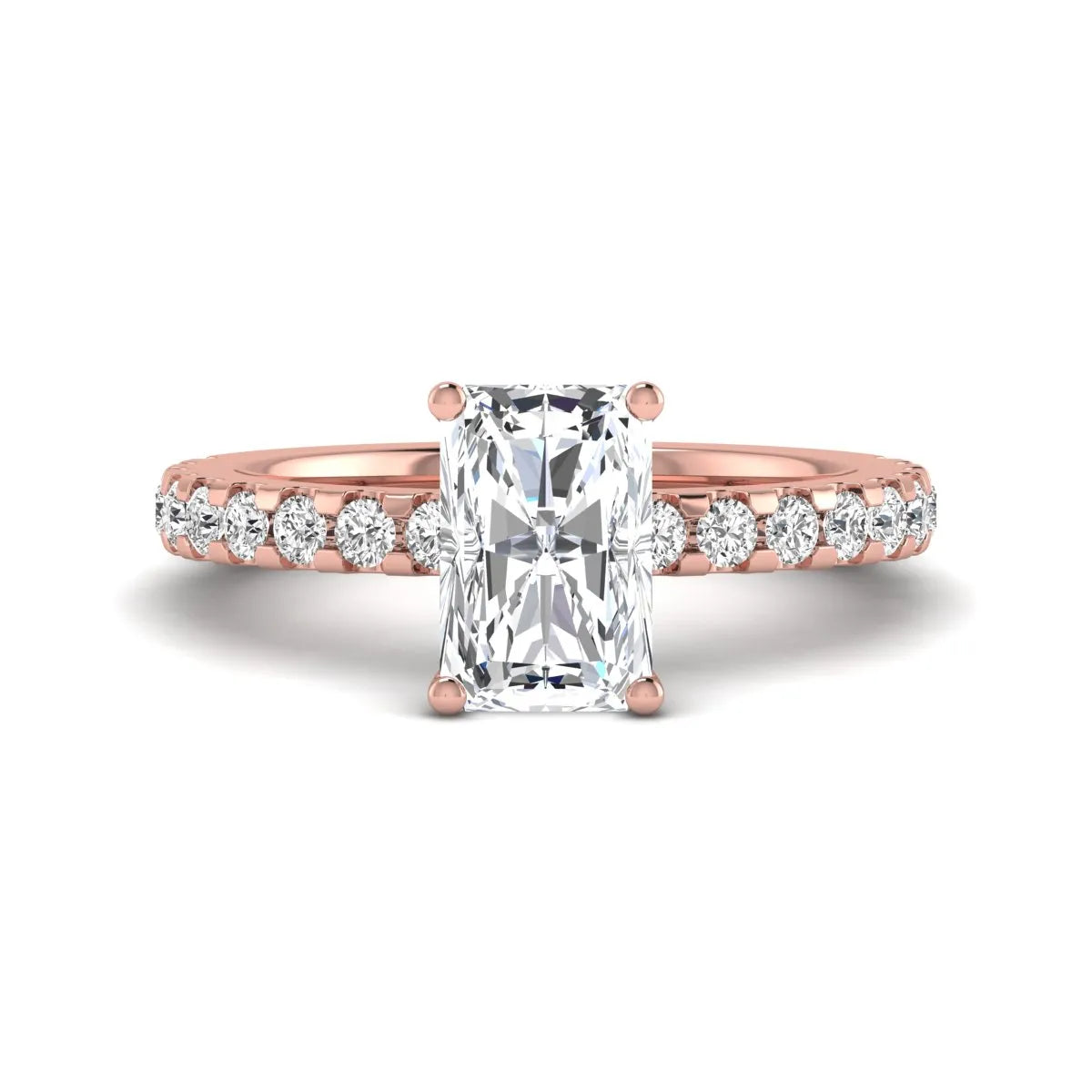 Radiant cut lab grown diamond hidden halo engagement ring featuring a four prong setting with pavé round diamond band in rose gold tone.