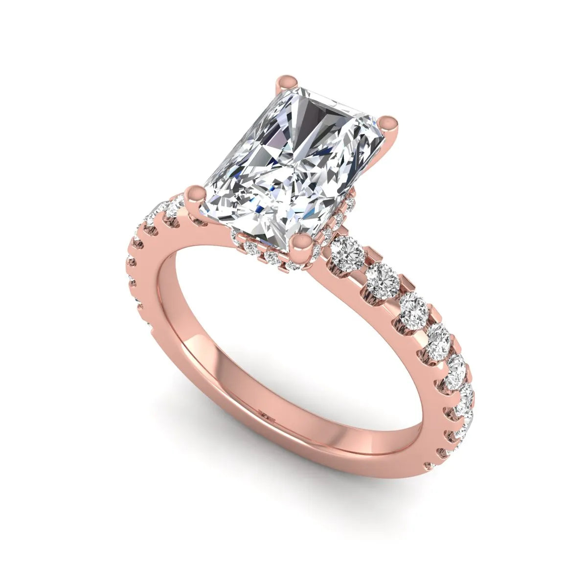 Radiant cut lab grown diamond hidden halo engagement ring featuring a four prong setting with pavé round diamond band in rose gold tone.