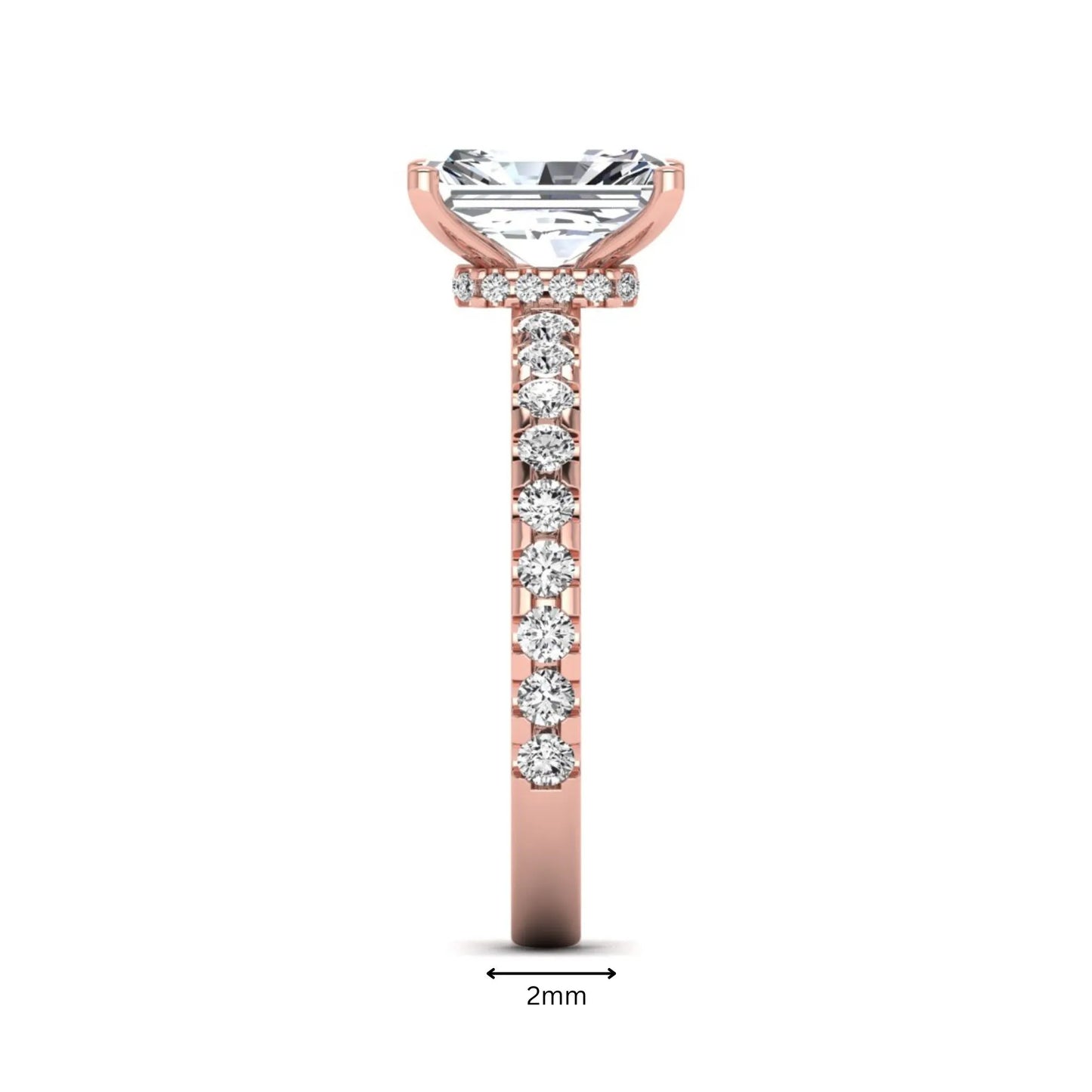 Radiant cut lab grown diamond hidden halo engagement ring featuring a four prong setting with pavé round diamond band in rose gold tone.