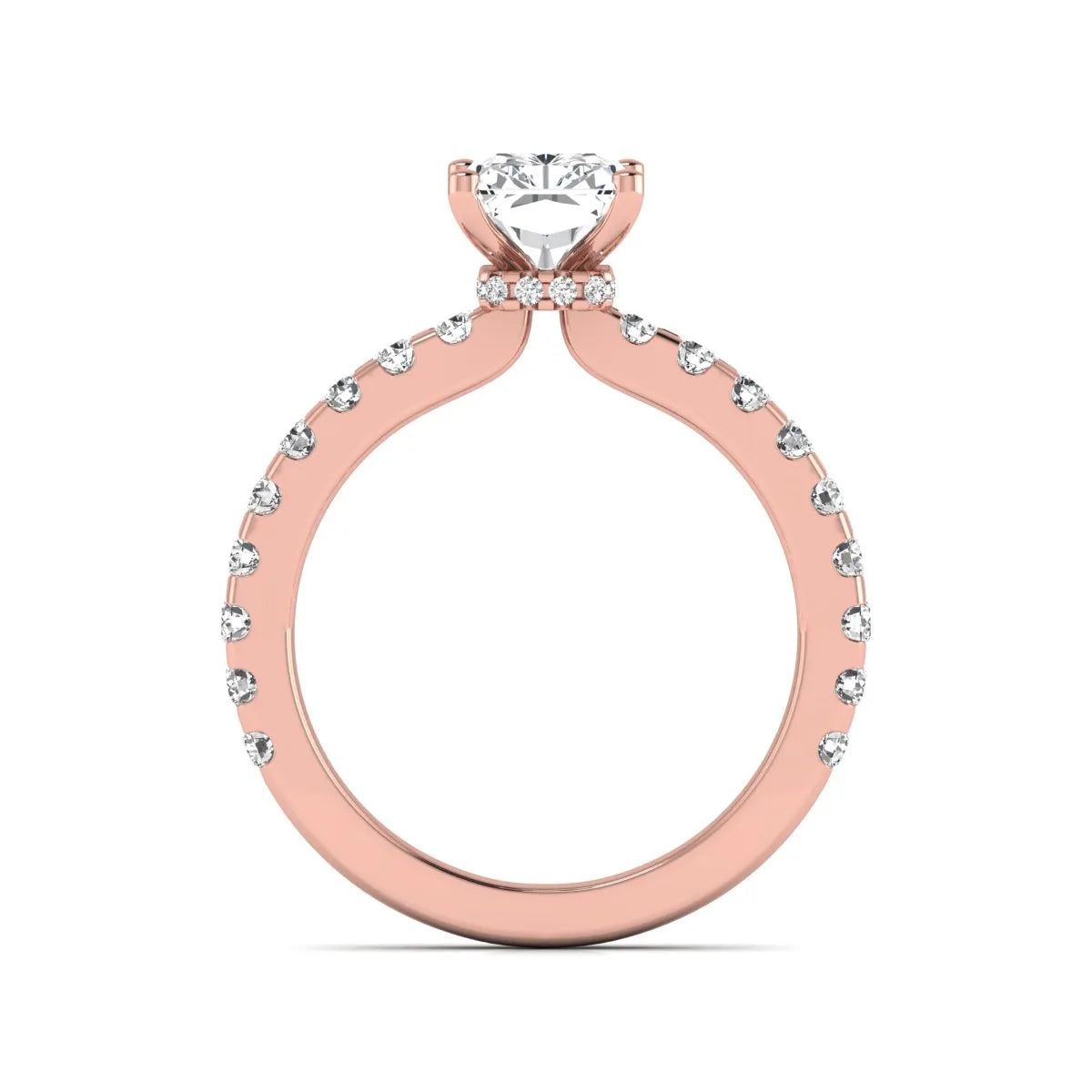 Radiant cut lab grown diamond hidden halo engagement ring featuring a four prong setting with pavé round diamond band in rose gold tone.