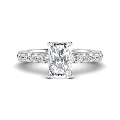 Radiant cut lab grown diamond hidden halo engagement ring featuring a four prong setting with pavé round diamond band in white gold tone.