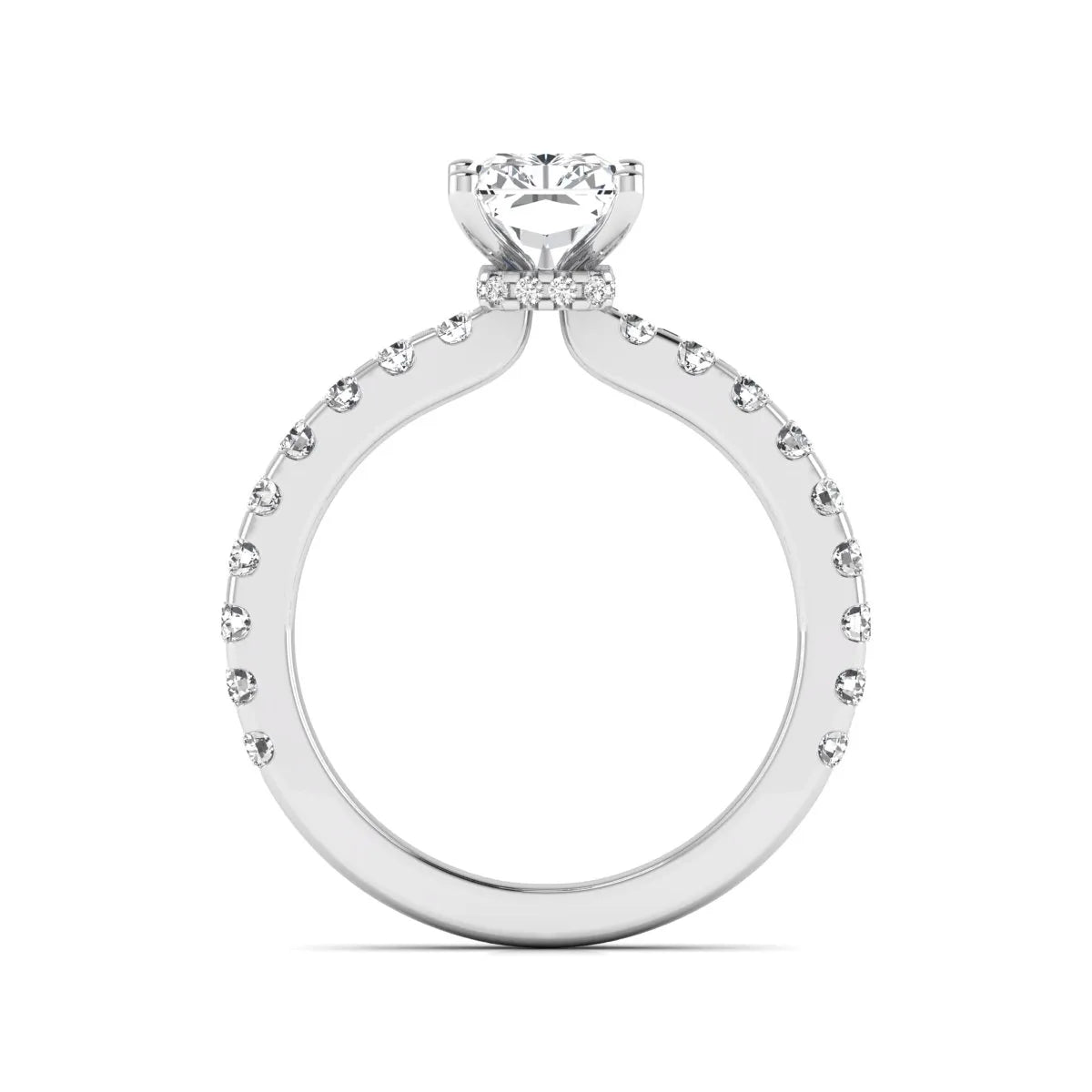 Radiant cut lab grown diamond hidden halo engagement ring featuring a four prong setting with pavé round diamond band in white gold tone.
