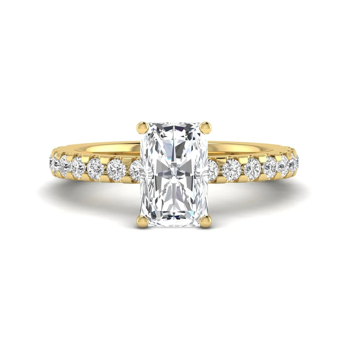 Radiant cut lab grown diamond hidden halo engagement ring featuring a four prong setting with pavé round diamond band in yellow gold tone.