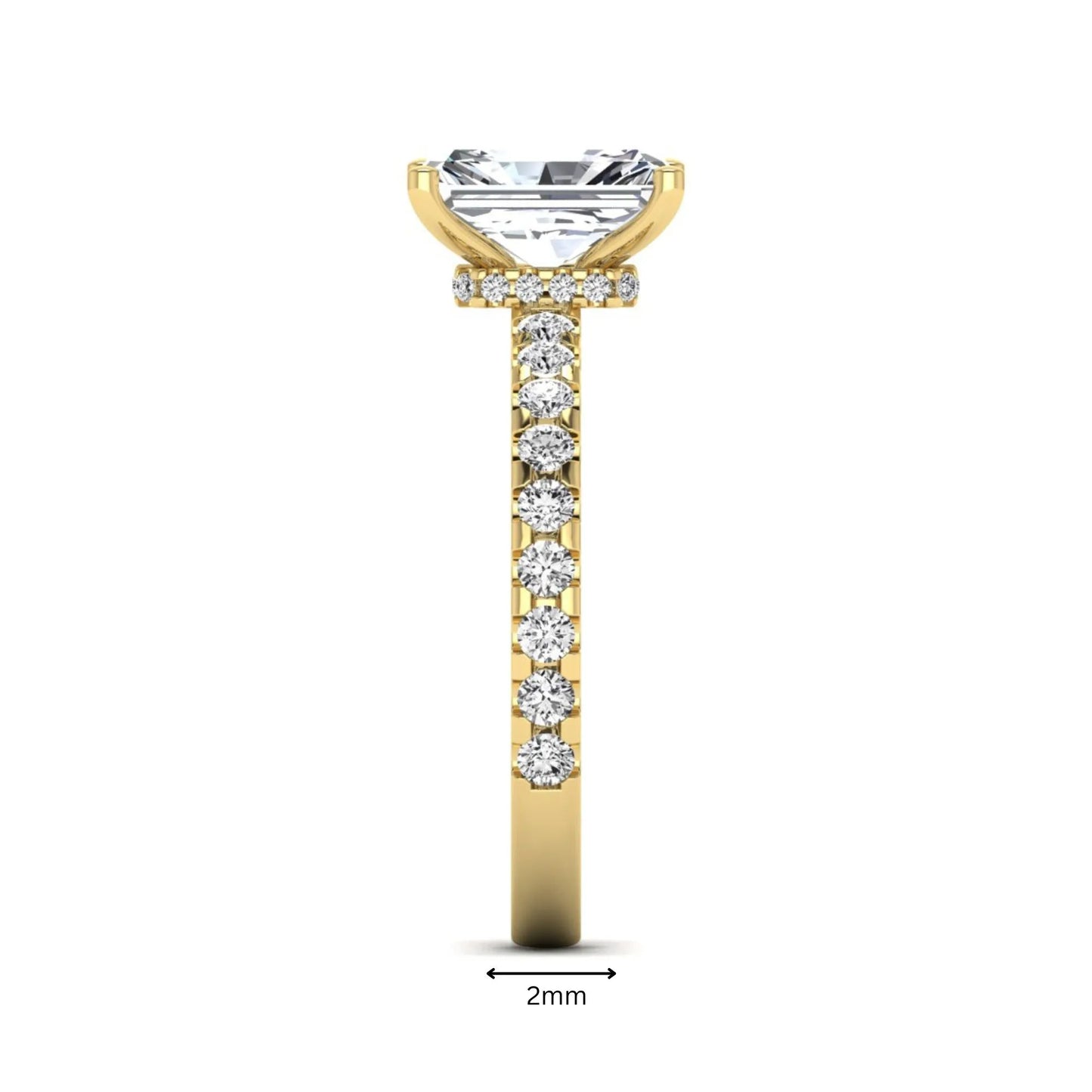 Radiant cut lab grown diamond hidden halo engagement ring featuring a four prong setting with pavé round diamond band in yellow gold tone.