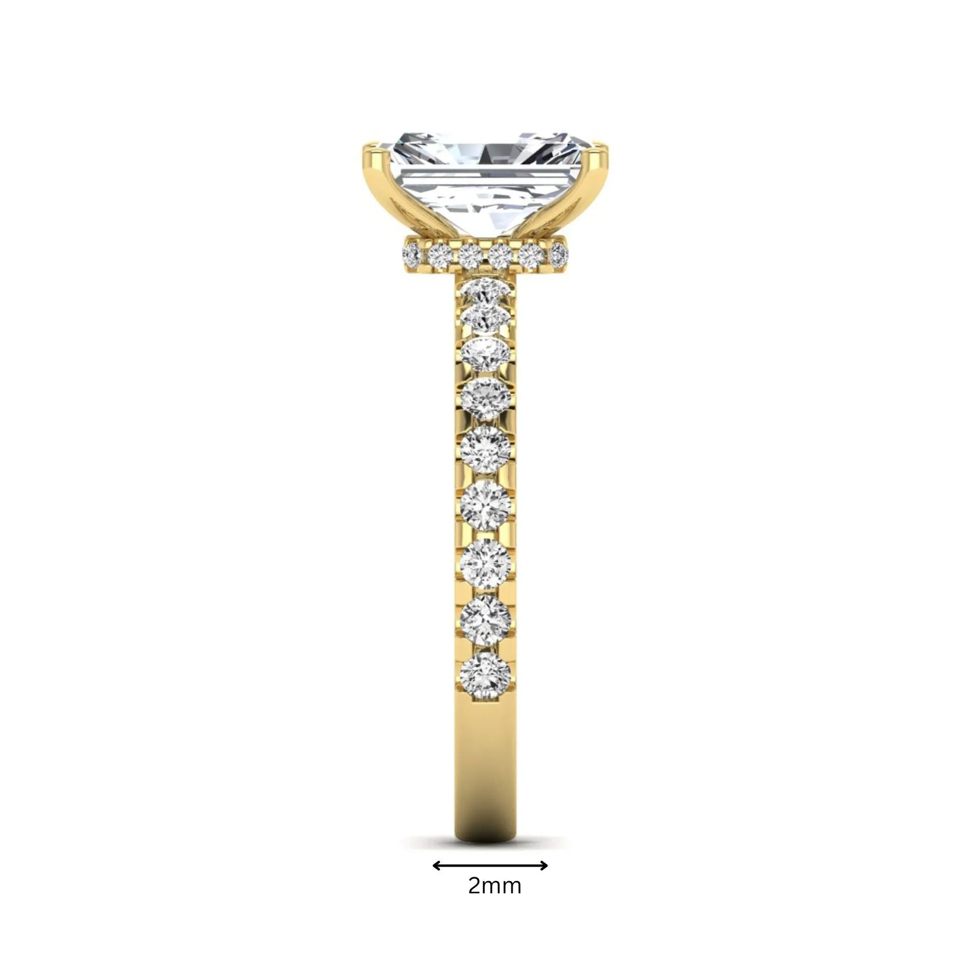 Radiant cut lab grown diamond hidden halo engagement ring featuring a four prong setting with pavé round diamond band in yellow gold tone.