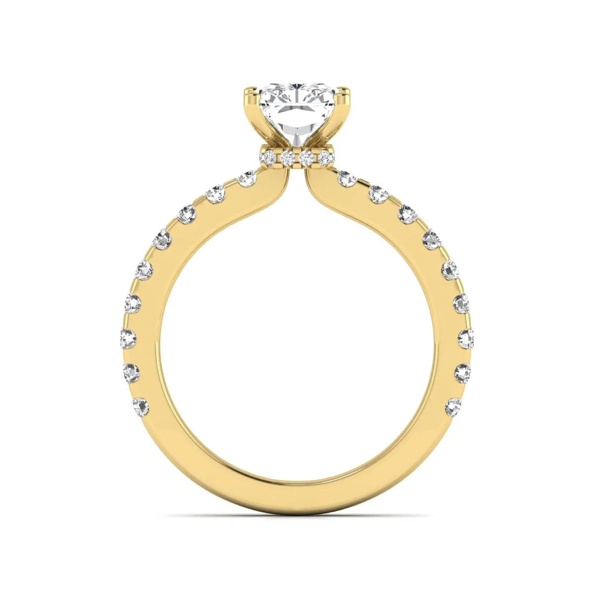 Radiant cut lab grown diamond hidden halo engagement ring featuring a four prong setting with pavé round diamond band in yellow gold tone.