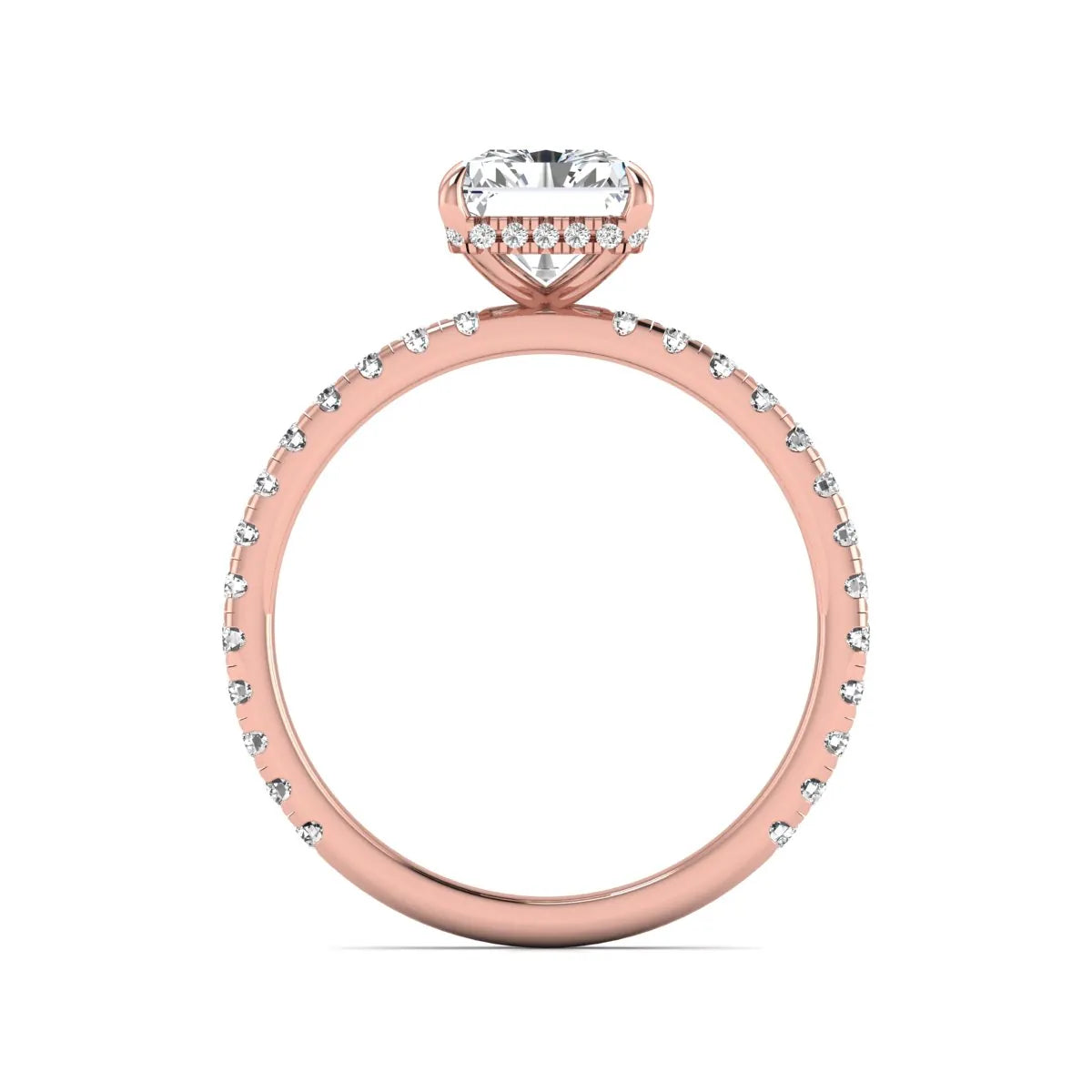 Radiant cut lab grown diamond hidden halo engagement ring featuring a four prong setting, pavé round diamonds, and rose gold tone design.