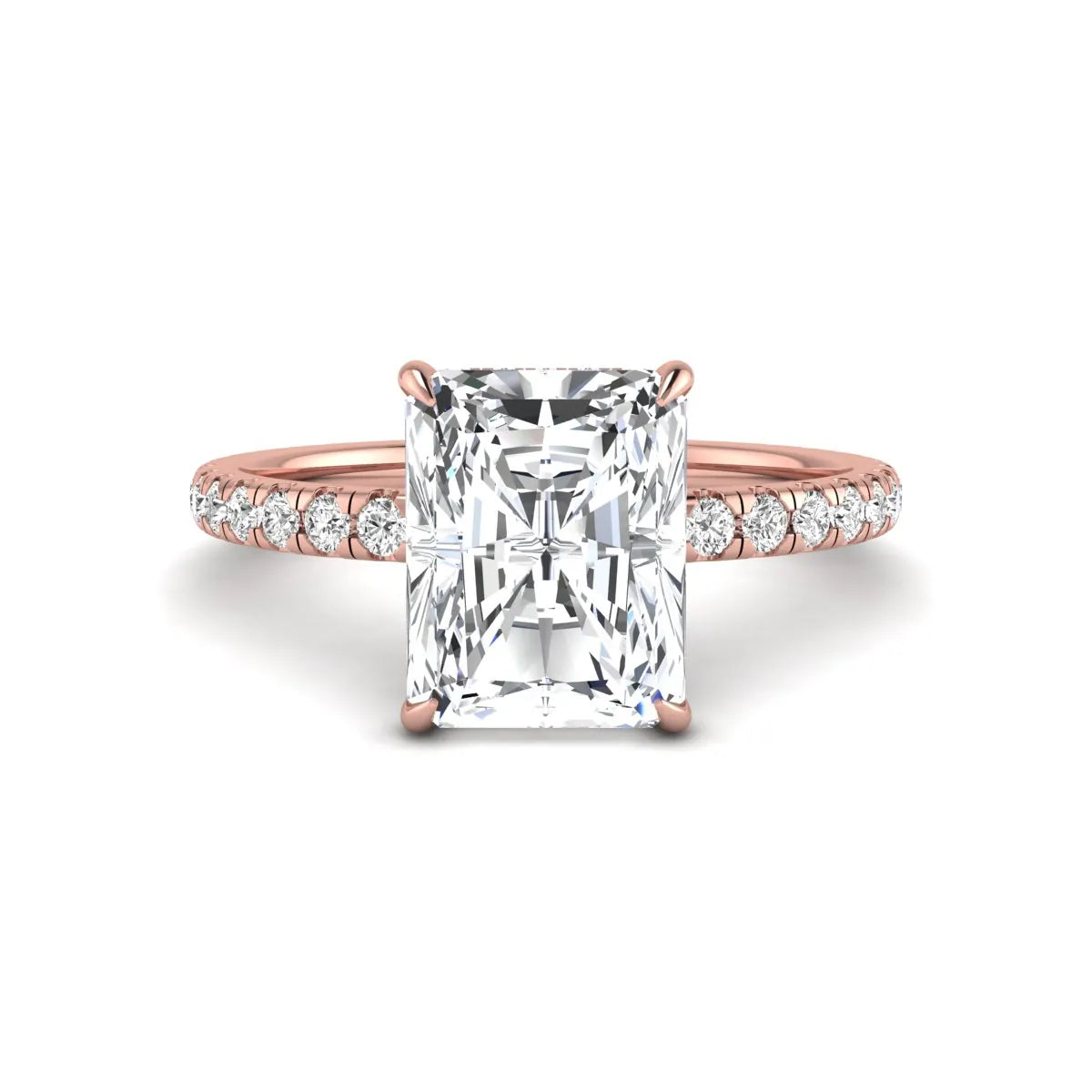Radiant cut lab grown diamond hidden halo engagement ring featuring a four prong setting, pavé round diamonds, and rose gold tone design.