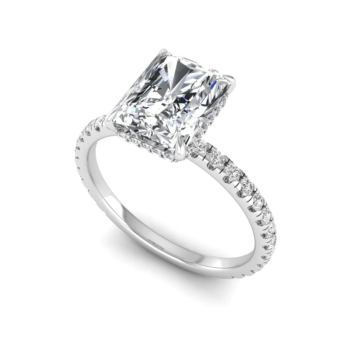 Radiant cut lab grown diamond hidden halo engagement ring featuring a four prong setting, pavé round diamonds, and white gold tone design.
