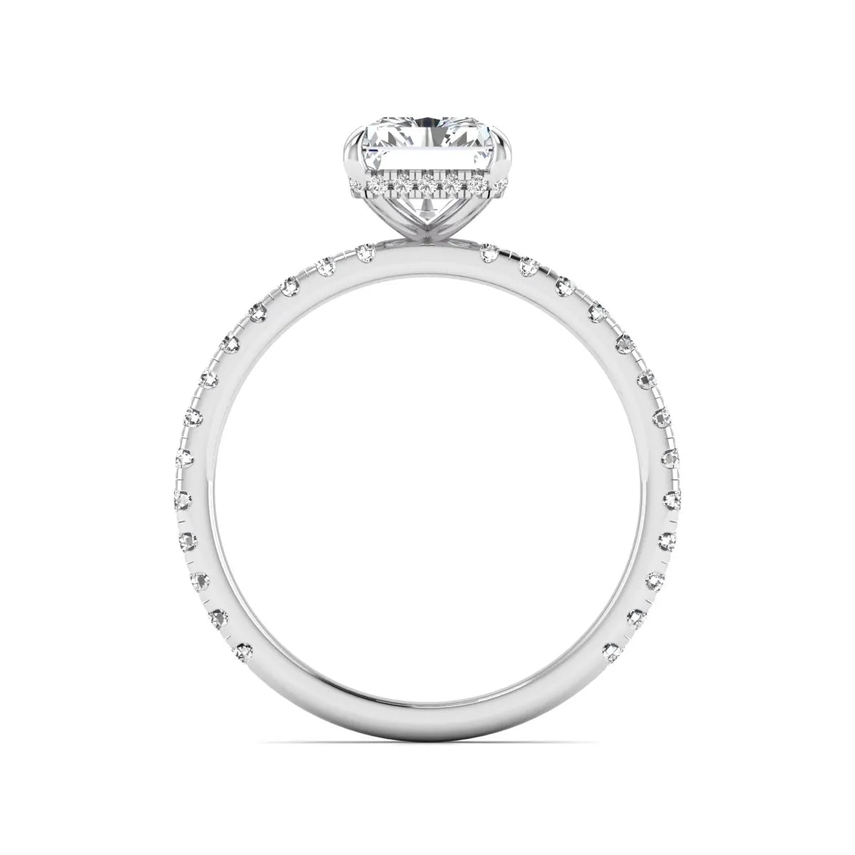 Radiant cut lab grown diamond hidden halo engagement ring featuring a four prong setting, pavé round diamonds, and white gold tone design.