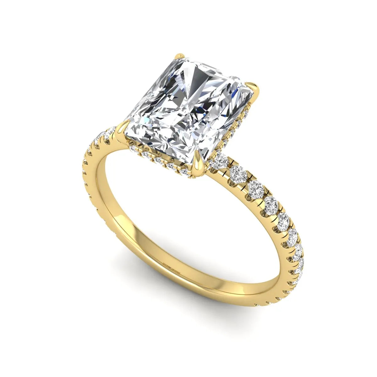 Radiant cut lab grown diamond hidden halo engagement ring featuring a four prong setting, pavé round diamonds, and yellow gold tone design.