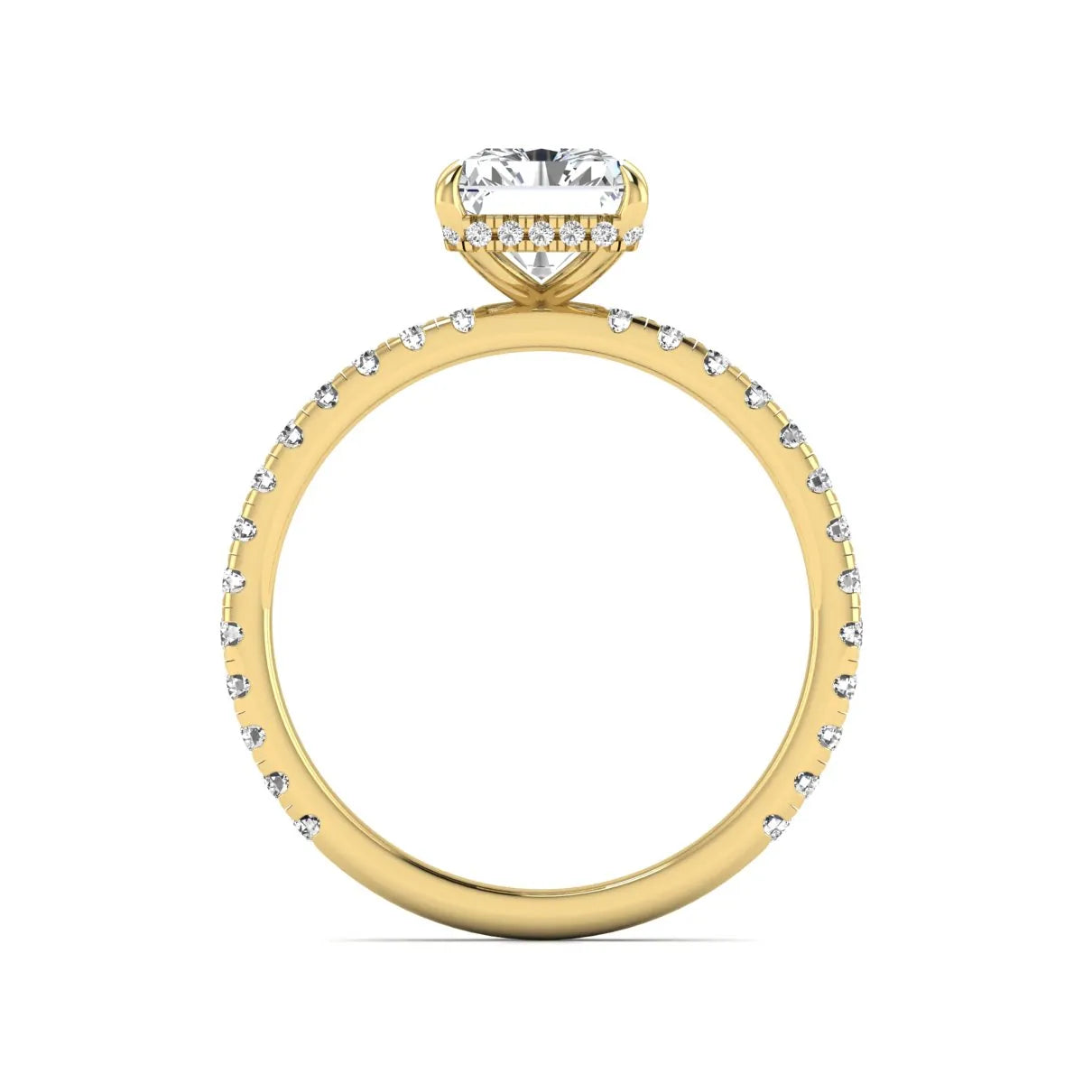 Radiant cut lab grown diamond hidden halo engagement ring featuring a four prong setting, pavé round diamonds, and yellow gold tone design.