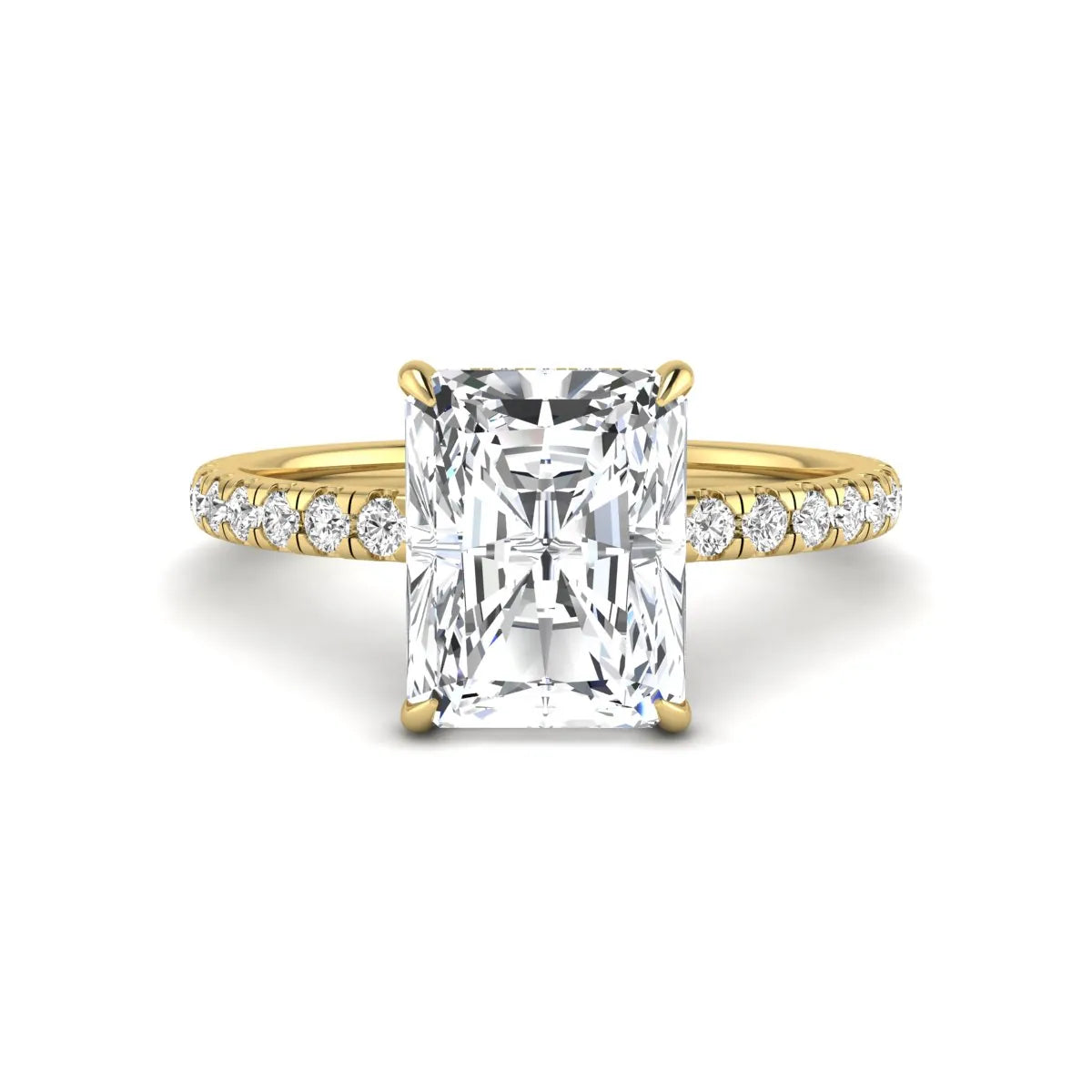Radiant cut lab grown diamond hidden halo engagement ring featuring a four prong setting, pavé round diamonds, and yellow gold tone design.