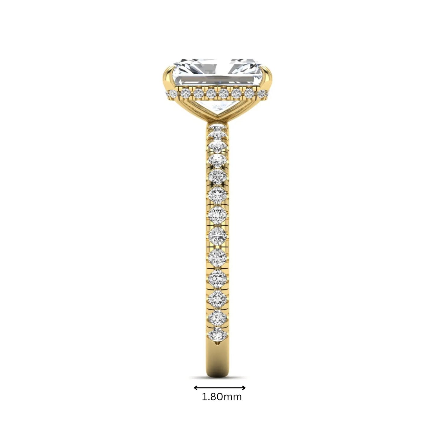 Radiant cut lab grown diamond hidden halo engagement ring featuring a four prong setting, pavé round diamonds, and yellow gold tone design.