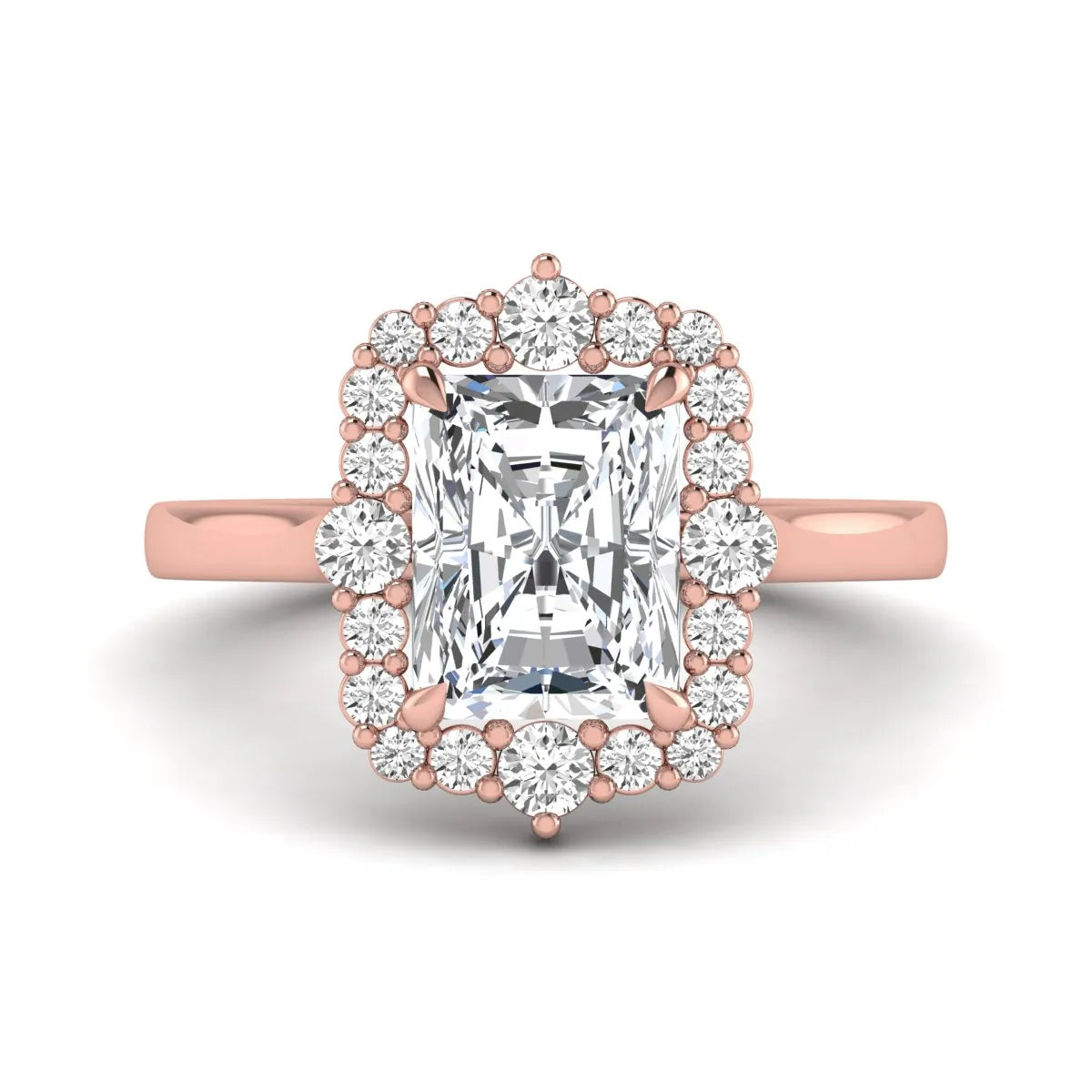 IGI Certified 2.62 carat radiant cut lab grown diamond halo engagement ring with round accent diamonds in rose gold.