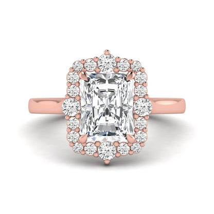 IGI Certified 2.62 carat radiant cut lab grown diamond halo engagement ring with round accent diamonds in rose gold.