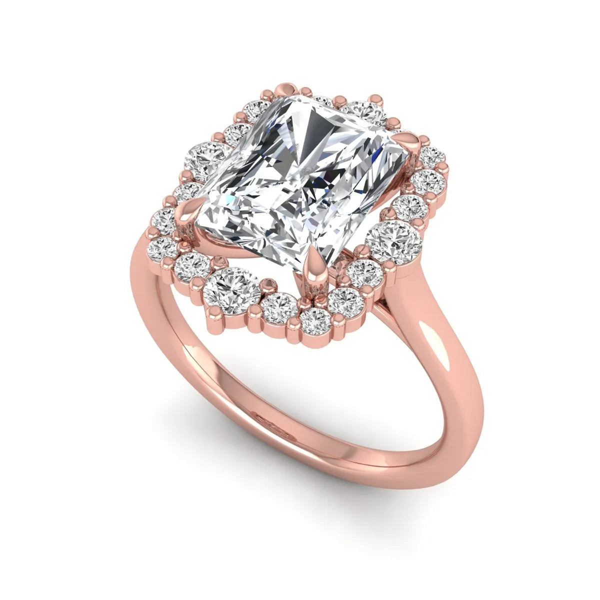 IGI Certified 2.62 carat radiant cut lab grown diamond halo engagement ring with round accent diamonds in rose gold.