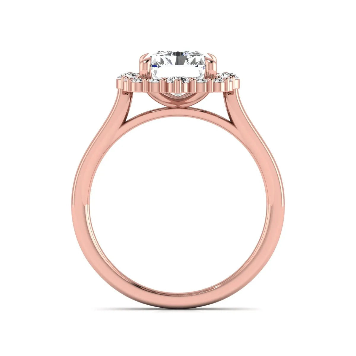 IGI Certified 2.62 carat radiant cut lab grown diamond halo engagement ring with round accent diamonds in rose gold.