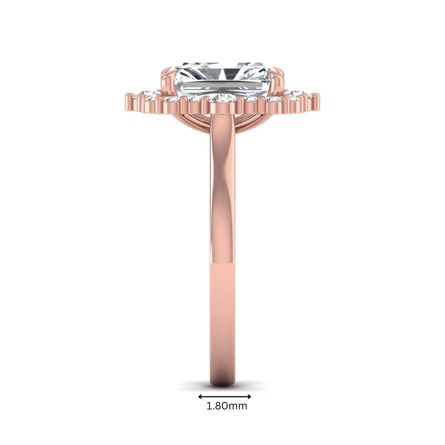 IGI Certified 2.62 carat radiant cut lab grown diamond halo engagement ring with round accent diamonds in rose gold.