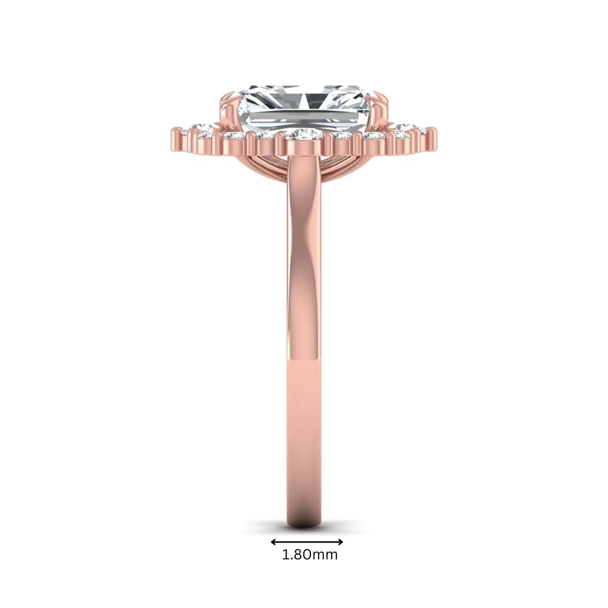 IGI Certified 2.62 carat radiant cut lab grown diamond halo engagement ring with round accent diamonds in rose gold.