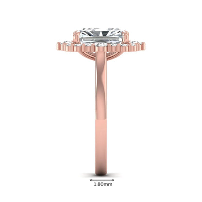 IGI Certified 2.62 carat radiant cut lab grown diamond halo engagement ring with round accent diamonds in rose gold.