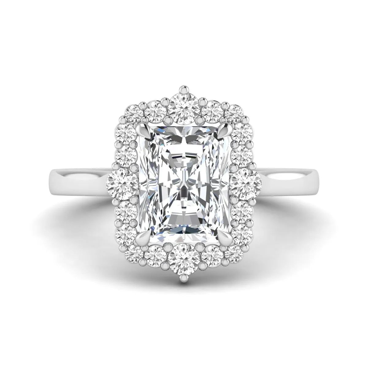 IGI Certified 2.62 carat radiant cut lab grown diamond halo engagement ring with round accent diamonds in white gold.