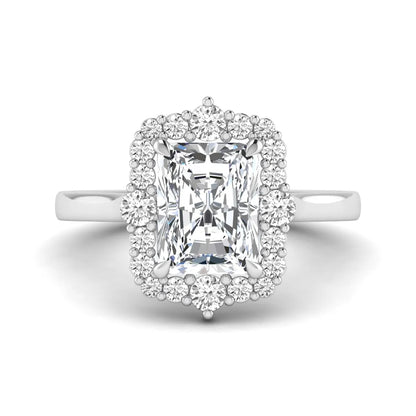 IGI Certified 2.62 carat radiant cut lab grown diamond halo engagement ring with round accent diamonds in white gold.