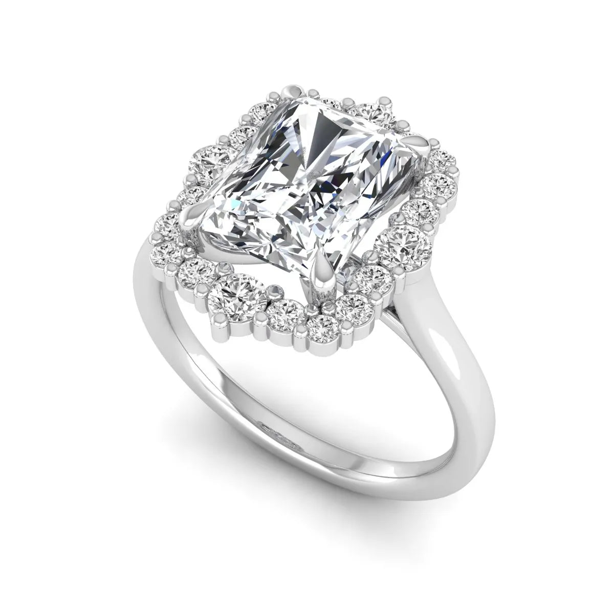 IGI Certified 2.62 carat radiant cut lab grown diamond halo engagement ring with round accent diamonds in white gold.