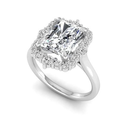 IGI Certified 2.62 carat radiant cut lab grown diamond halo engagement ring with round accent diamonds in white gold.