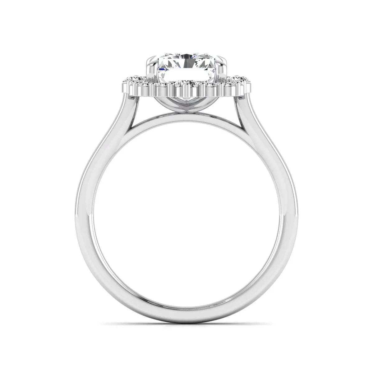 IGI Certified 2.62 carat radiant cut lab grown diamond halo engagement ring with round accent diamonds in white gold.