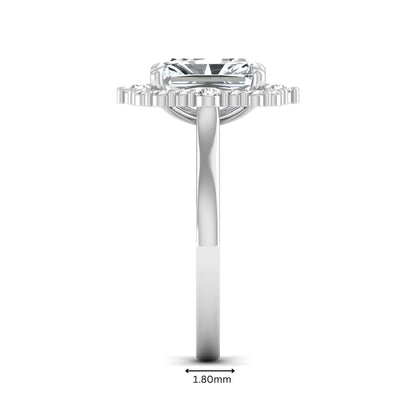 IGI Certified 2.62 carat radiant cut lab grown diamond halo engagement ring with round accent diamonds in white gold.