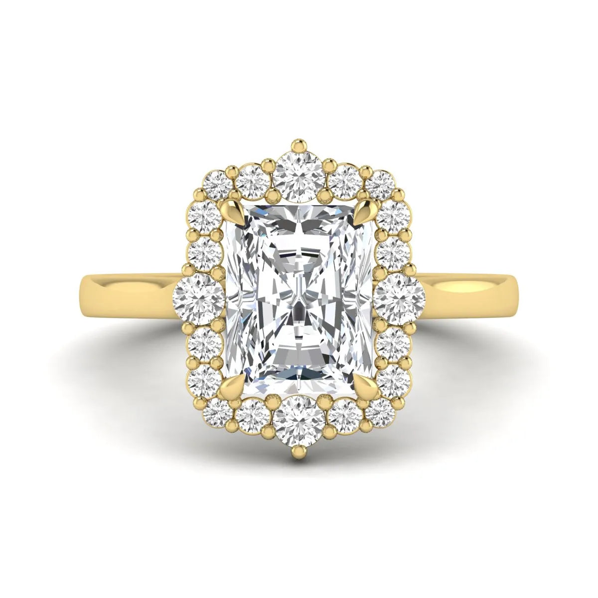IGI Certified 2.62 carat radiant cut lab grown diamond halo engagement ring with round accent diamonds in yellow gold.